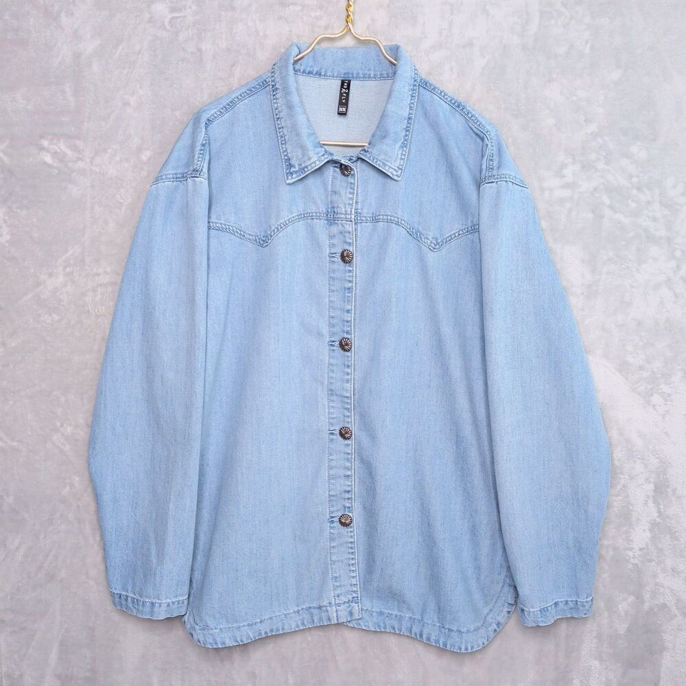 2 FLY CO. Light Wash Denim Shacket Shirt Size 2X/3X Cotton Western Yoke Country